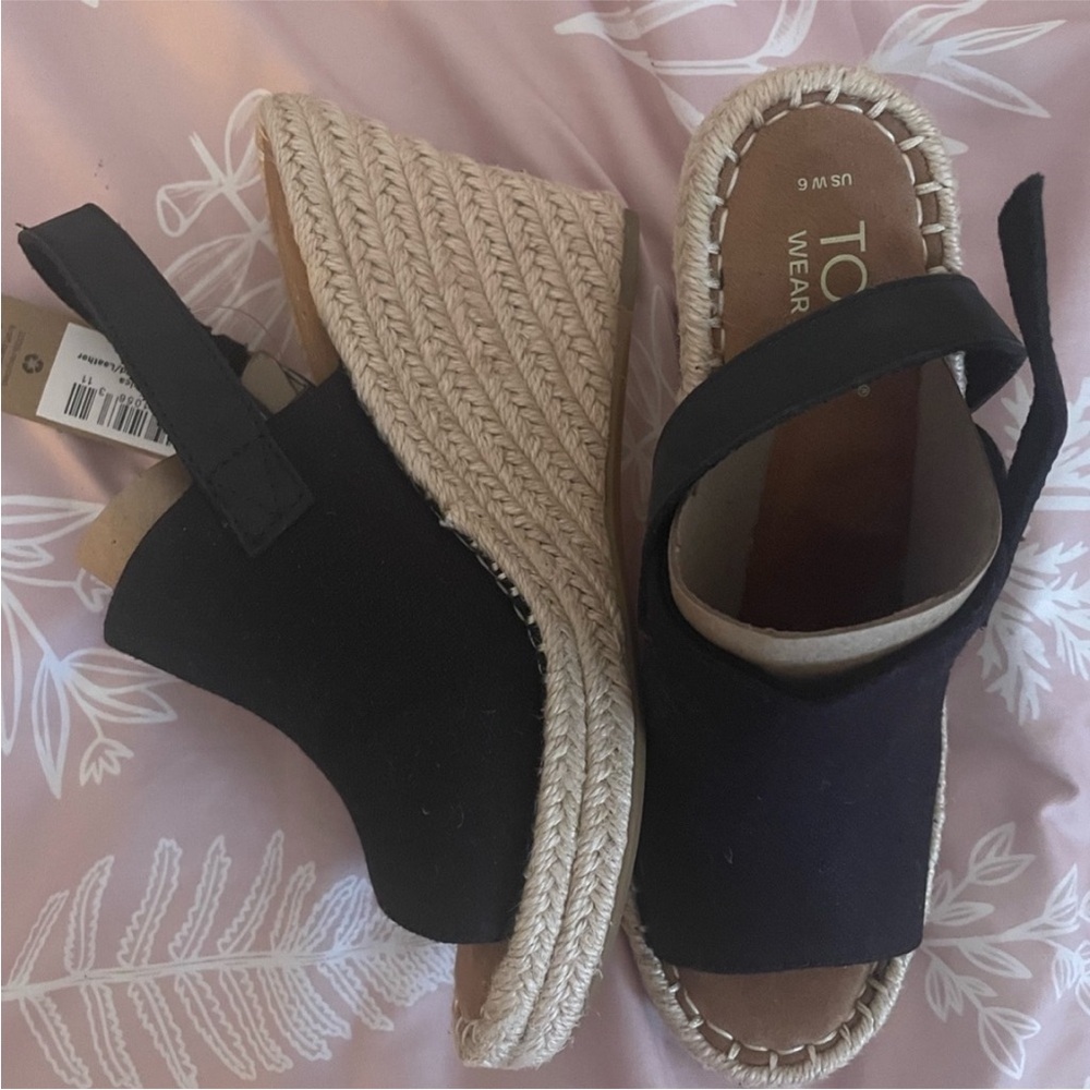 TOMS Black Wedge Espadrille Sandals - Picture 3 of 5